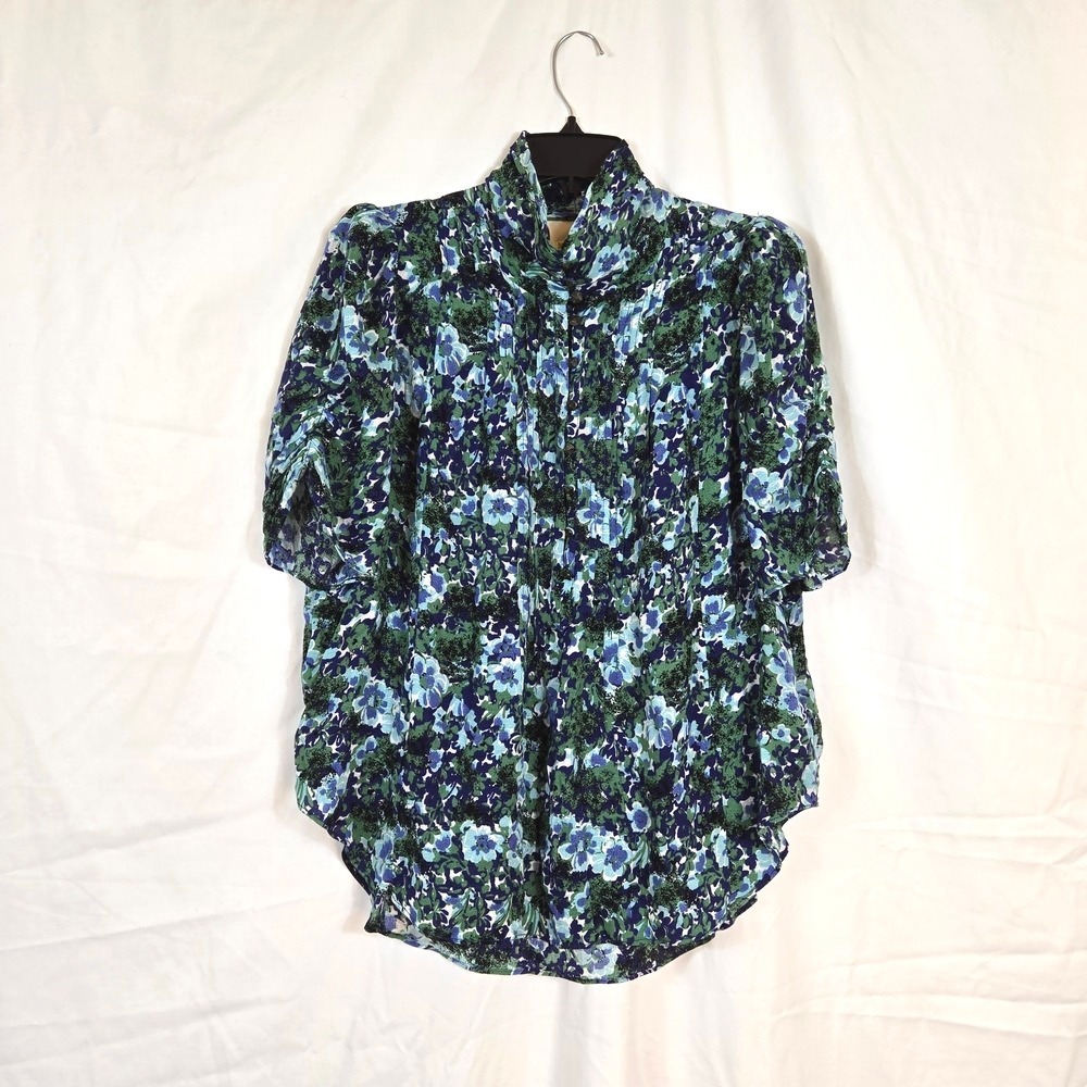 Anthropologie Blue Green Floral Puff-Sleeve Blouse
